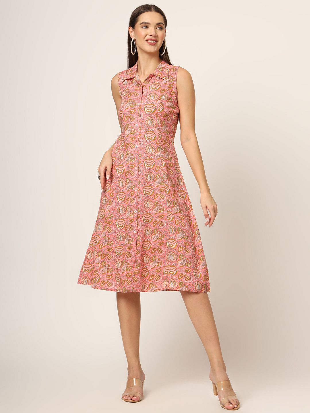 

Chandbaali Shirt Collar Printed A-Line Midi Dress, Rust