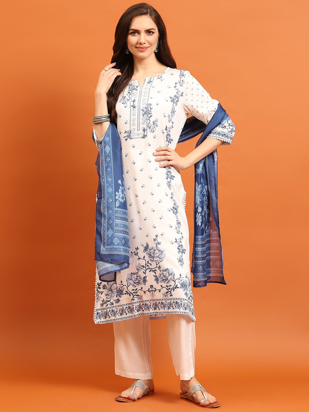 

Shree Floral Printed Sequinned Straight Kurta with Trousers & Dupatta, White