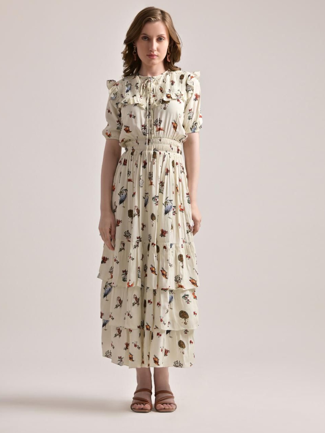 

The Samoa Women Abstract Printed Puff Sleeve Fit & Flare Maxi Dress, White
