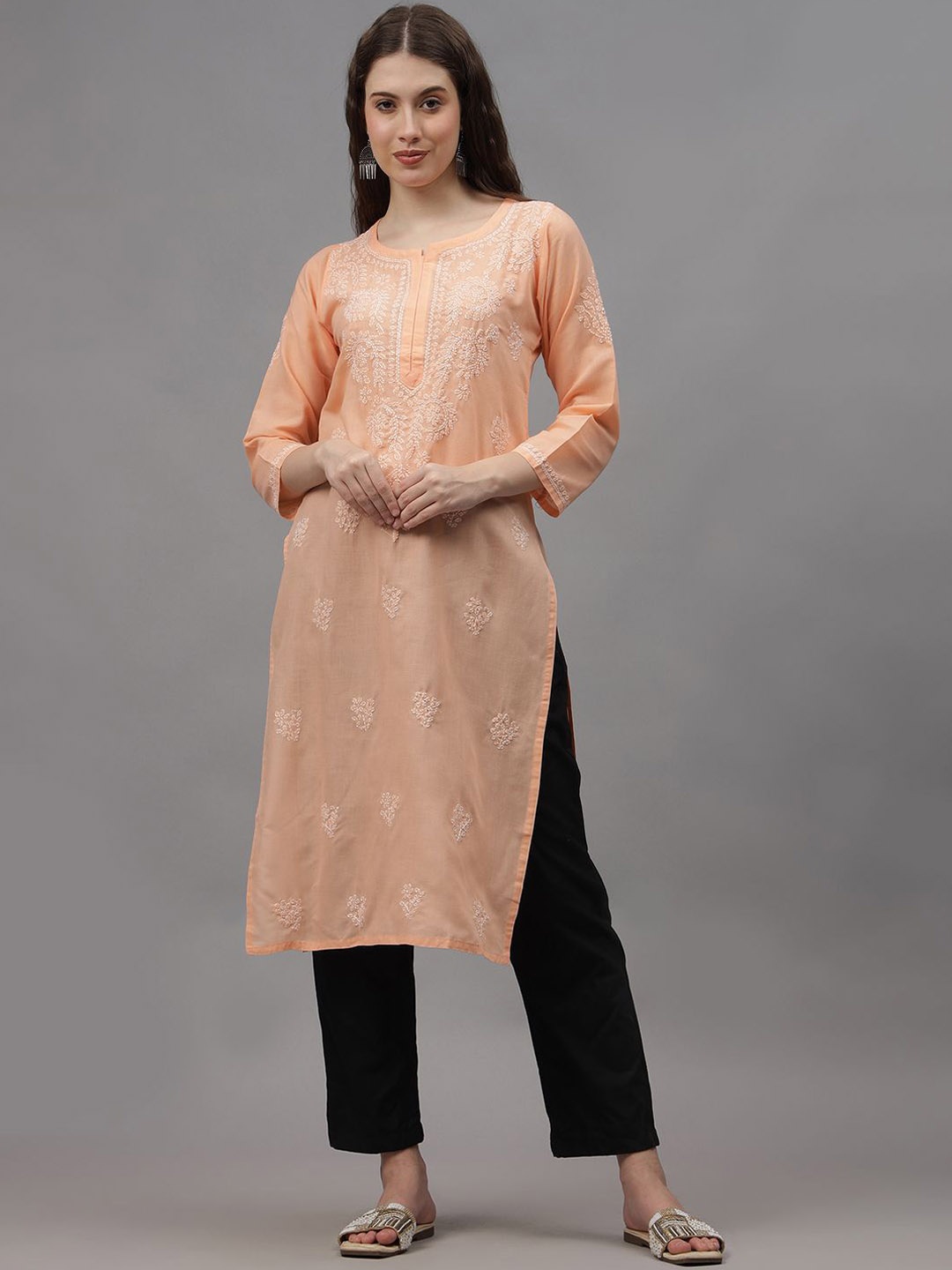 

Seva Chikan Ethnic Motifs Embroidered Chikankari Cotton Straight Kurta, Peach