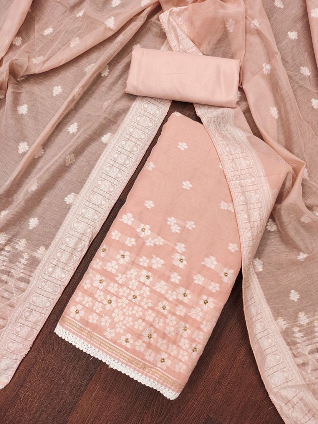 

ASISA Ethnic Motifs Embroidered Beads and Stones Pure Cotton Unstitched Dress Material, Peach