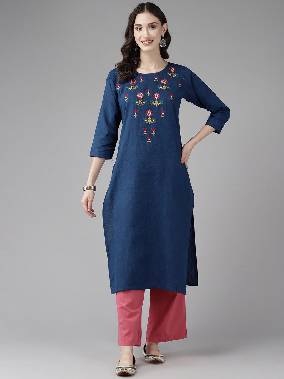 

BAESD Floral Embroidered Cotton Straight Kurta, Blue