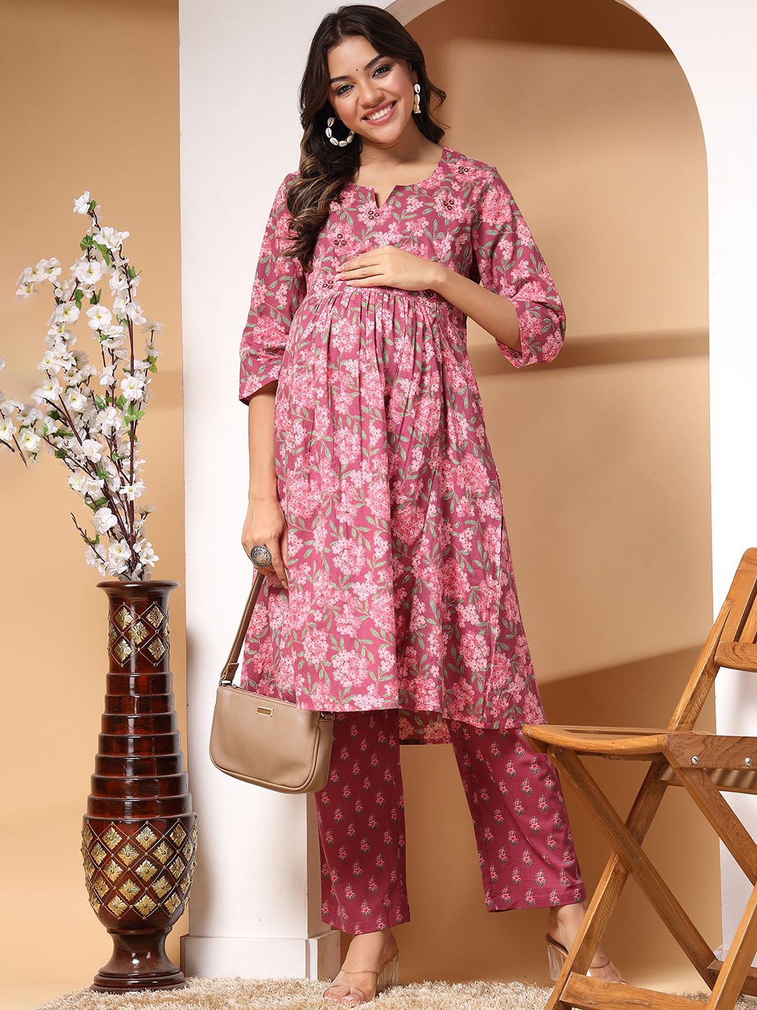 

House Of Zelena Floral Printed Notch Neck Pure Cotton A-Line Maternity Kurta with Pyjama, Pink