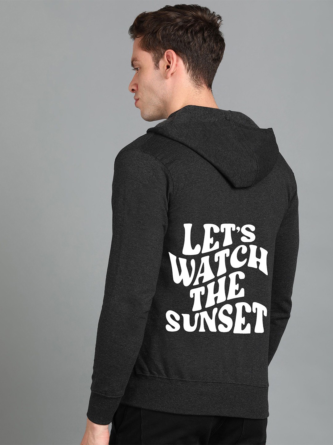 

FALTU.CO Men Printed Hooded Pure Cotton Sweatshirt, Charcoal