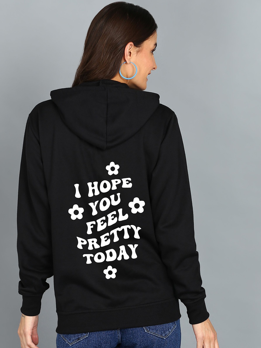 

FALTU.CO Women Printed Zip Detail Hooded Cotton Sweatshirt, Black