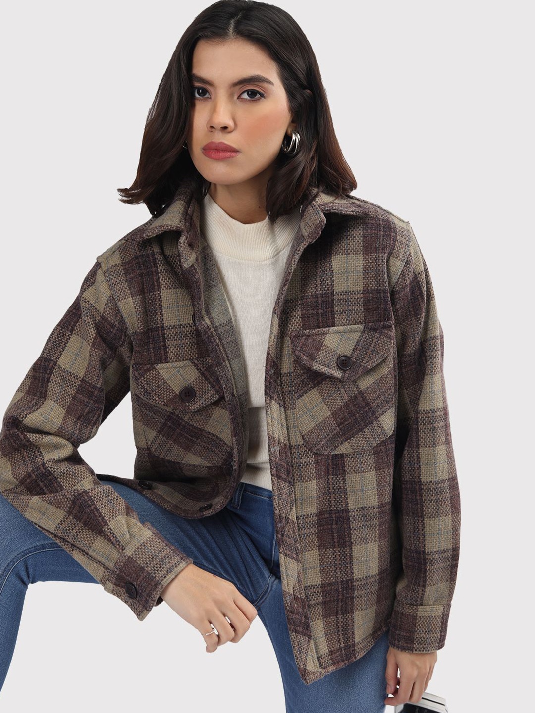 

CHKOKKO Women Checked Full Sleeves Spread Collar button closure Single-Breasted Shacket, Beige