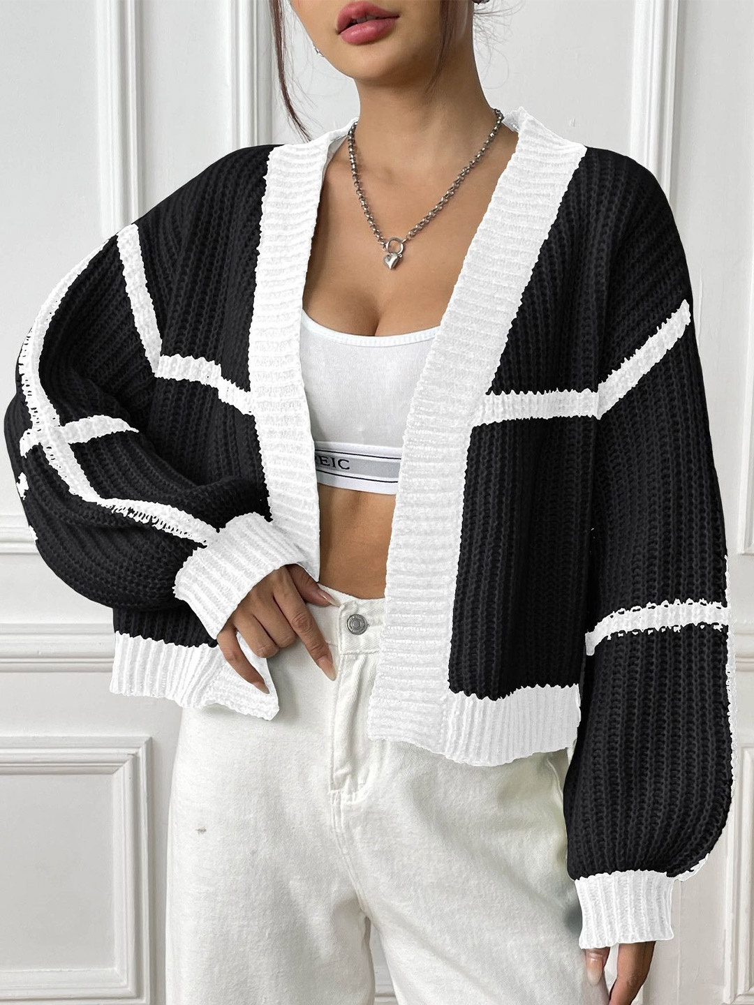 

StyleCast x Revolte Black & White Striped Open Front Shrug