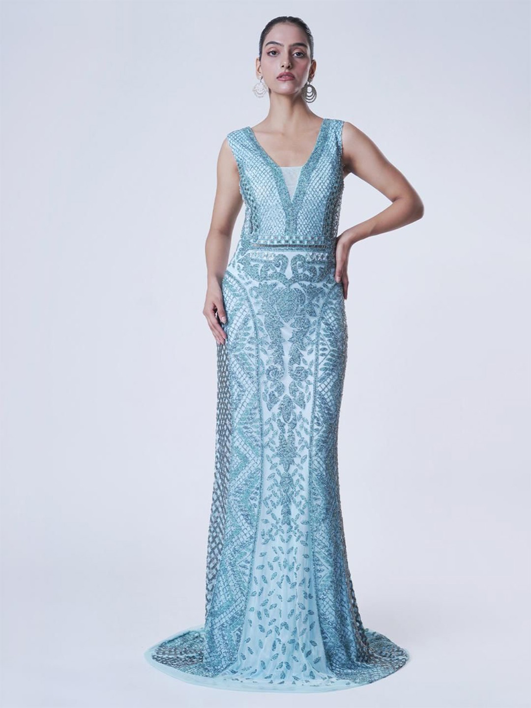 

UPGRADE Womens Embellished Bling & Sparkly Net Maxi Gown Dress, Blue