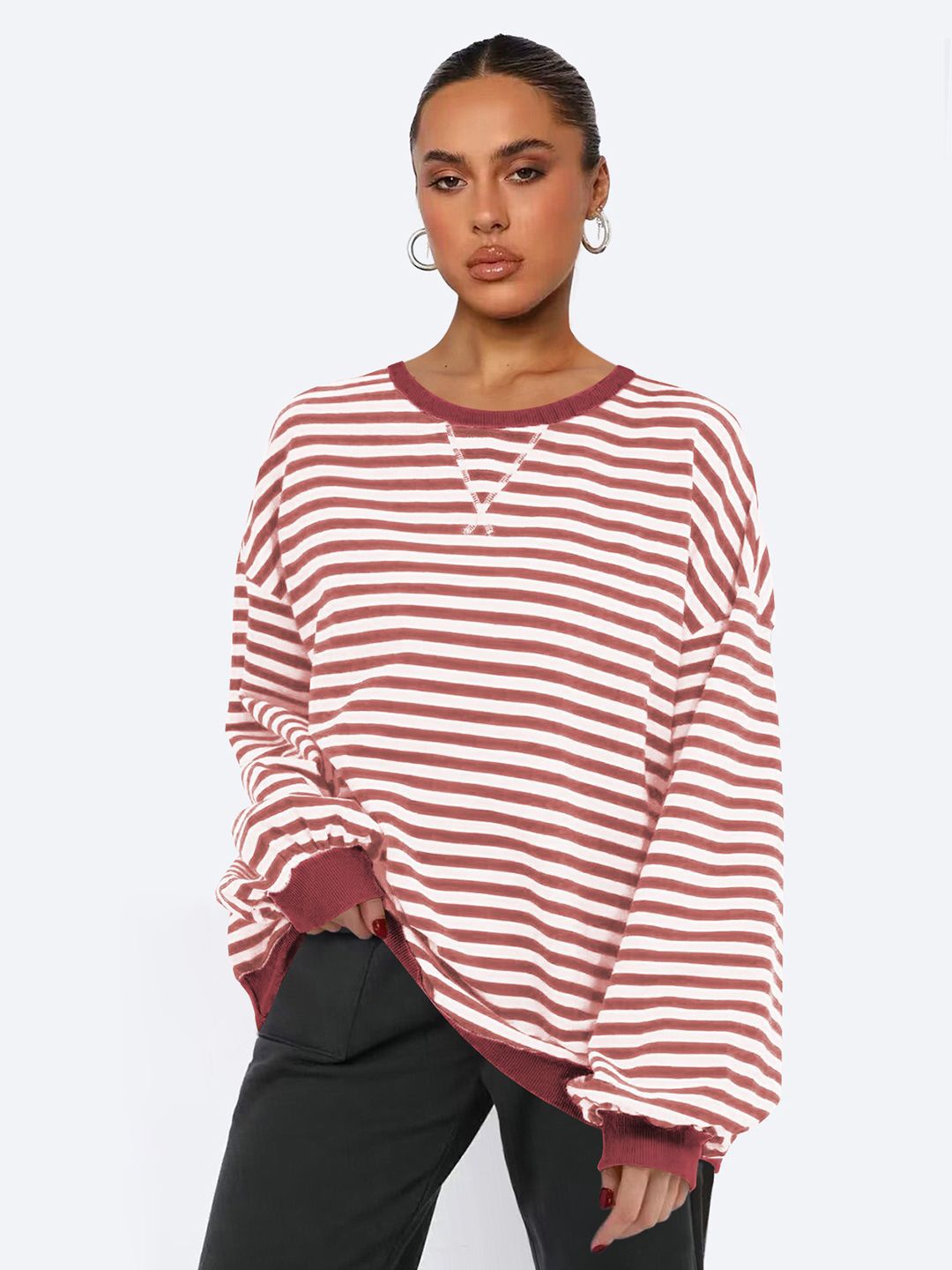

JC Mode Women Striped Round Neck Sweatshirt, Red