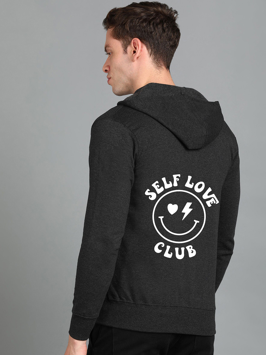 

FALTU.CO Men Printed Zip Detail Hooded Cotton Sweatshirt, Charcoal