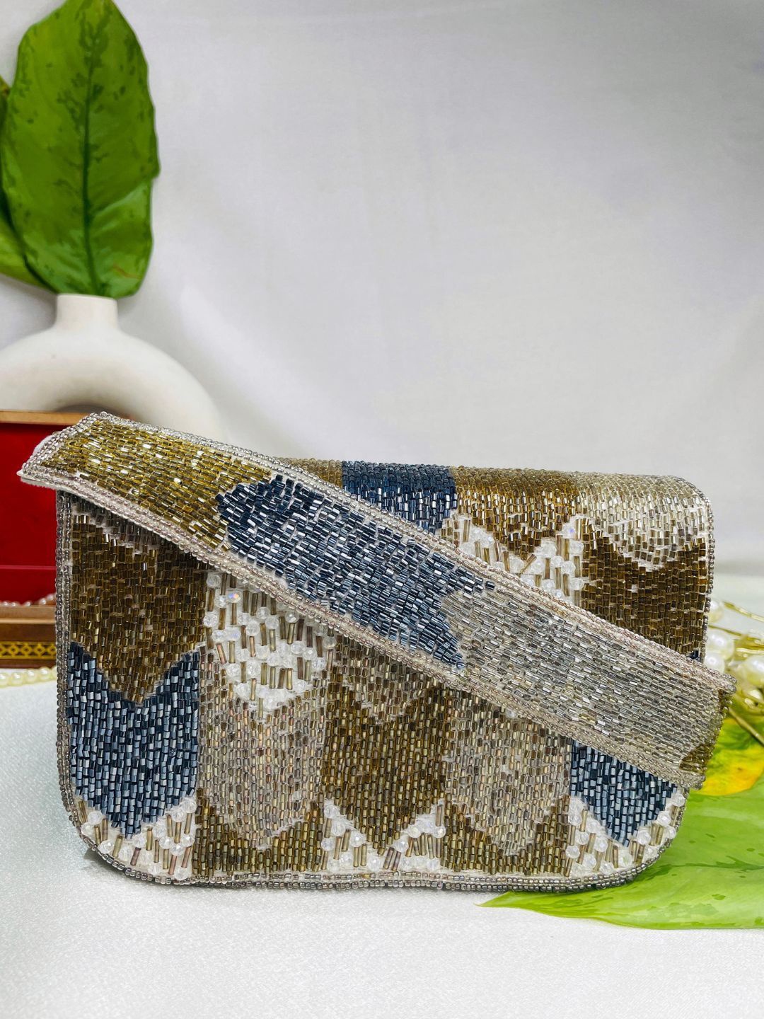 

trendy crafts Embellished Shoulder Strap Box Clutch, Grey