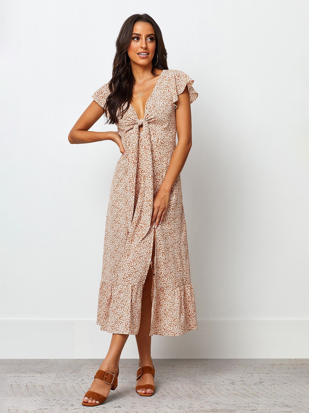 

Roadster The Lifestyle Co. Floral Printed Georgette Cap Sleeves A-Line Maxi Dress, Rose gold