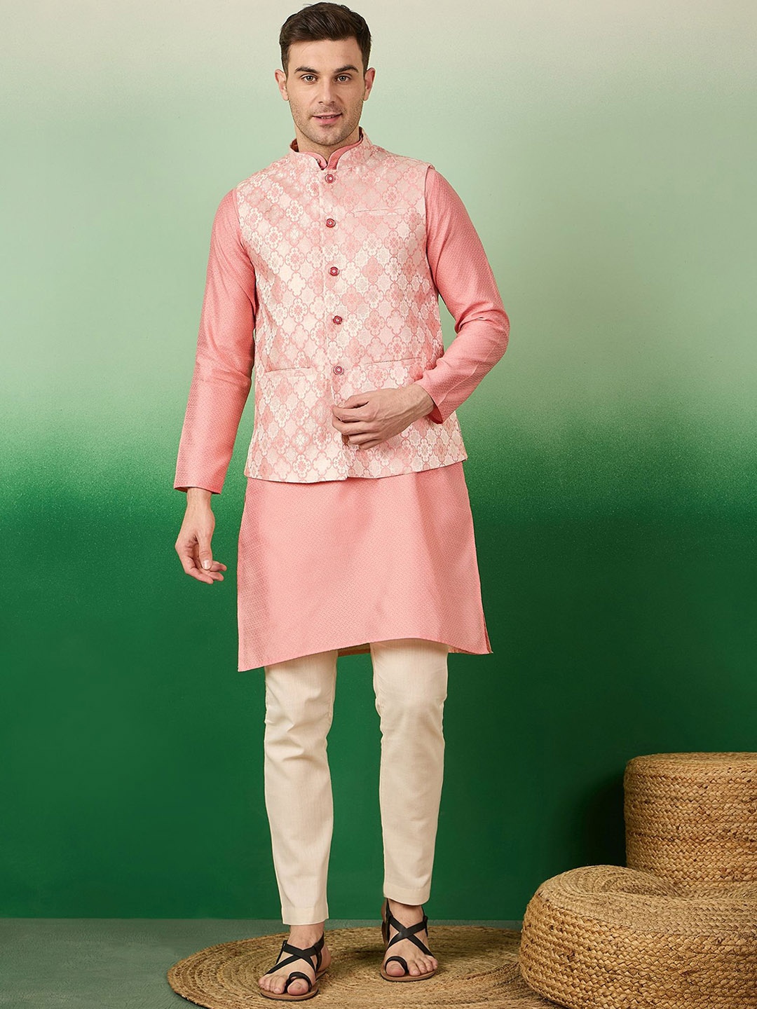 

Sangria Geometric Woven Design Mandarin Collar Kurta & Pyjama With Nehru Jacket, Peach