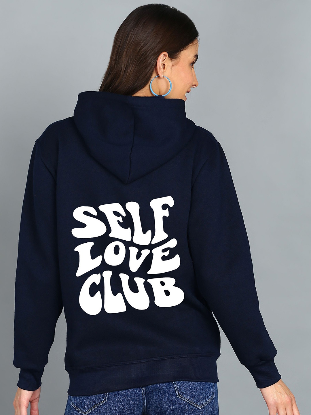 

FALTU.CO Women Typography Printed Hooded Ribbed Cotton Sweatshirt, Navy blue