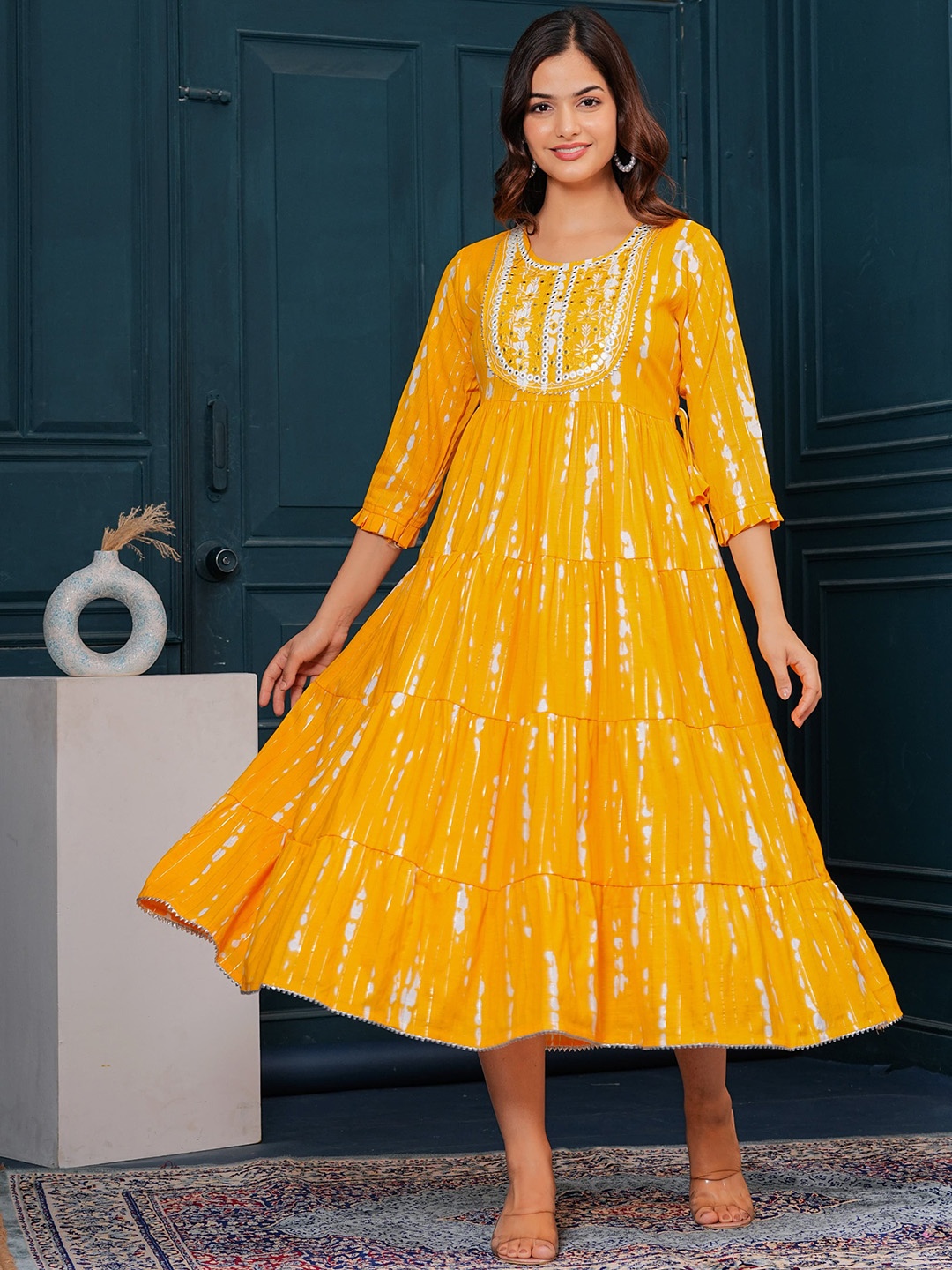 

VYKOO Women Ethnic Motifs Printed Flared Sleeves Thread Work Anarkali Kurta, Yellow