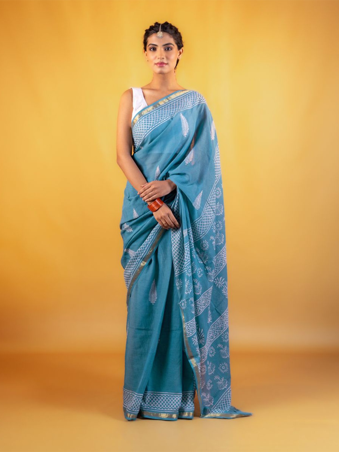 

Moora Ethnic Motifs Zari Block Print Saree, Blue
