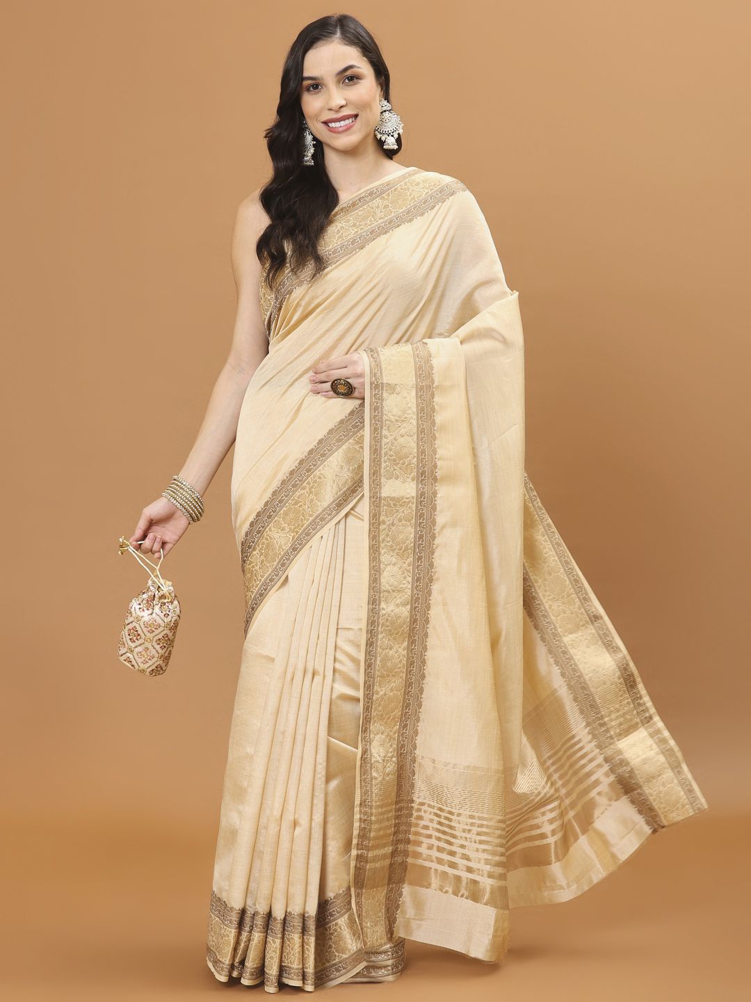 

Meena Bazaar Zari Art Silk Beige Solid Handloom Saree