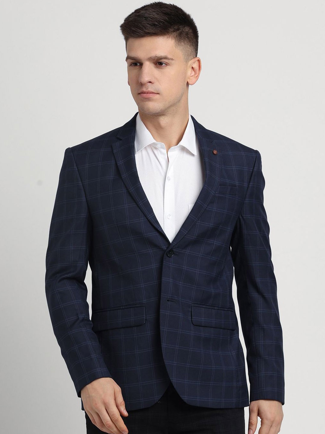 

Turtle Checked Notched Lapel Dobby Weave Single-Breasted Casual Blazer, Navy blue