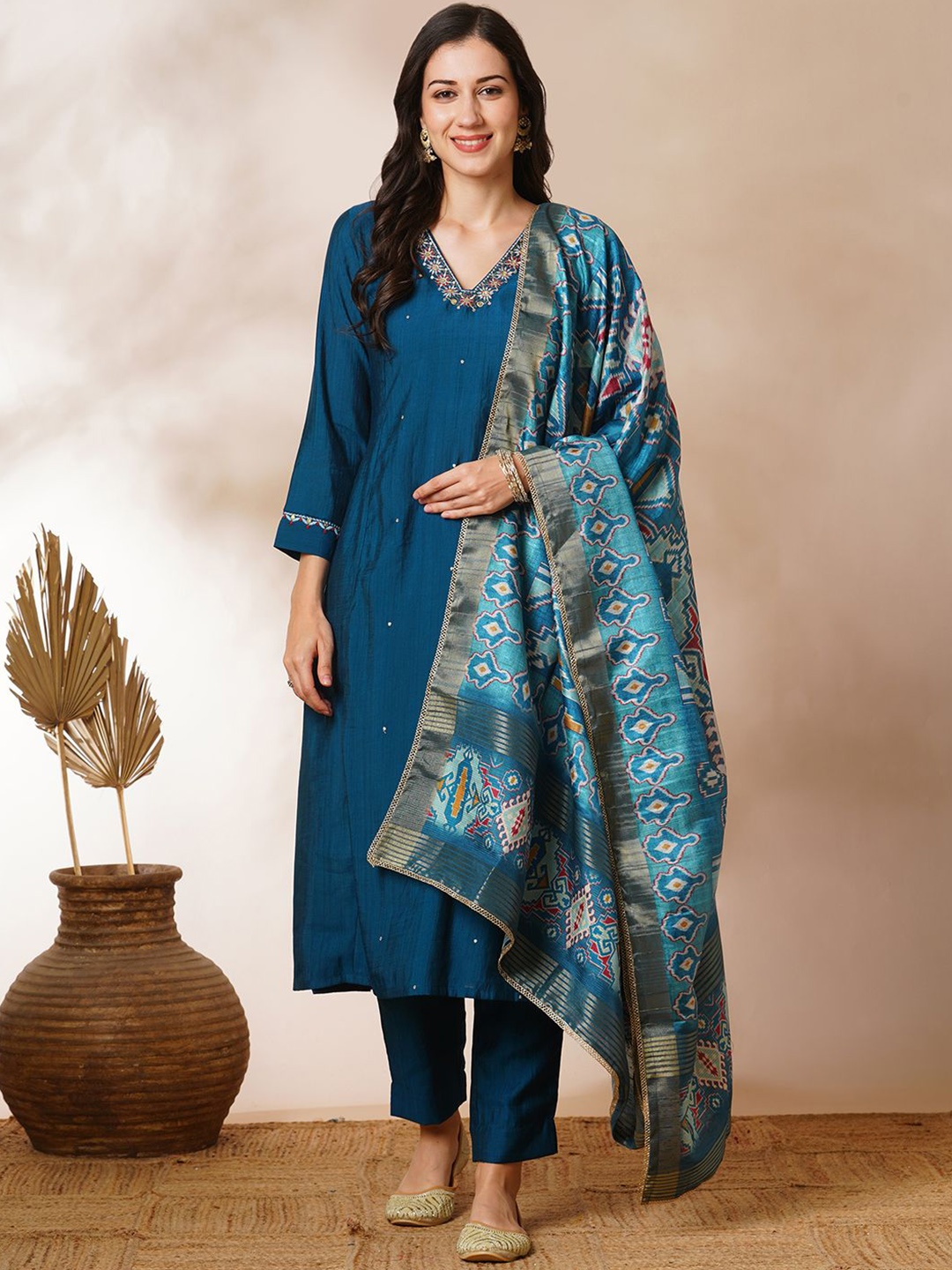 

KAMI KUBI Floral Embroidered Beads And Stones A-Line Kurta With Trousers & Dupatta, Blue