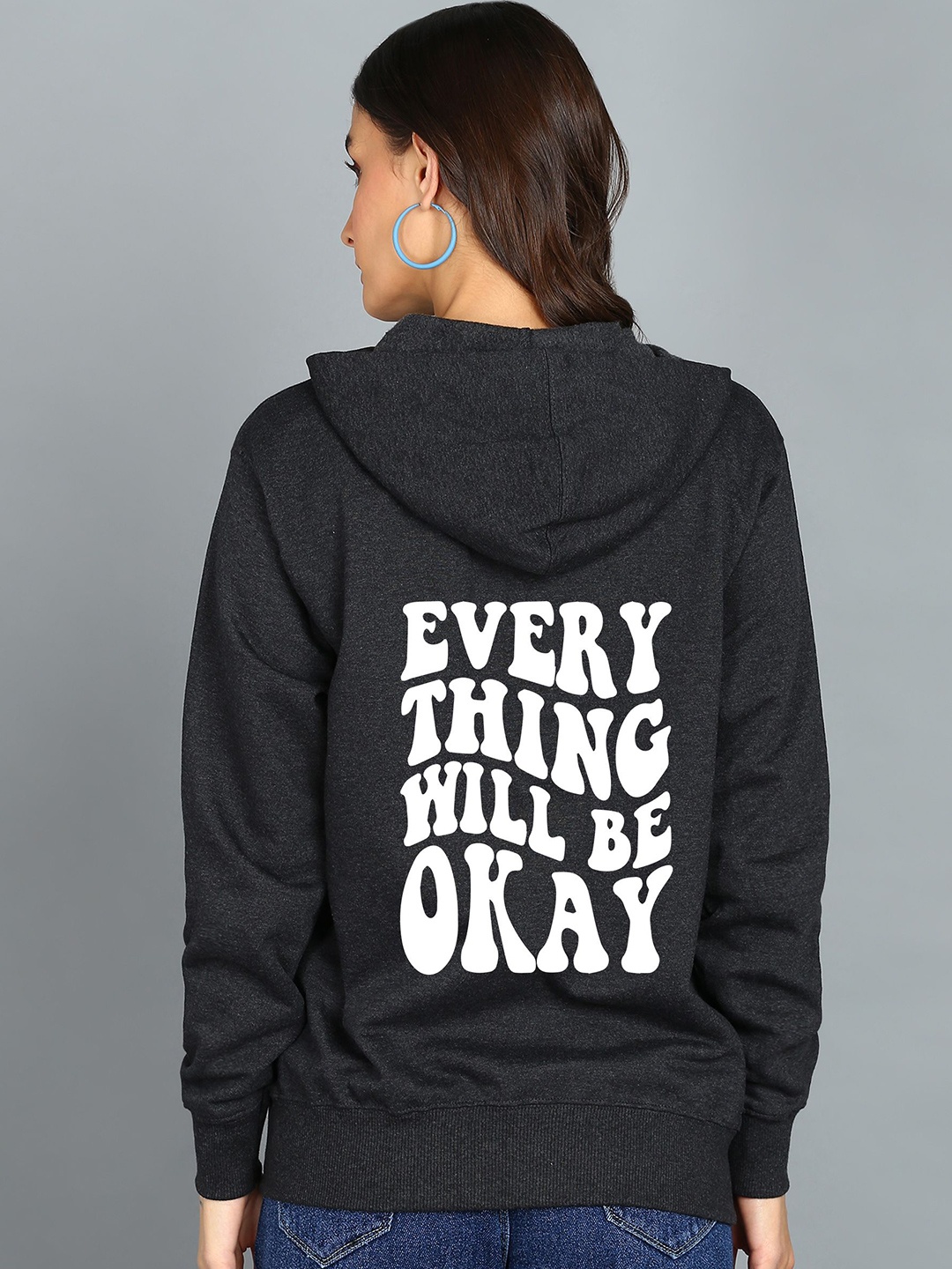 

FALTU.CO Women Typography Printed Hooded Ribbed Cotton Sweatshirt, Charcoal