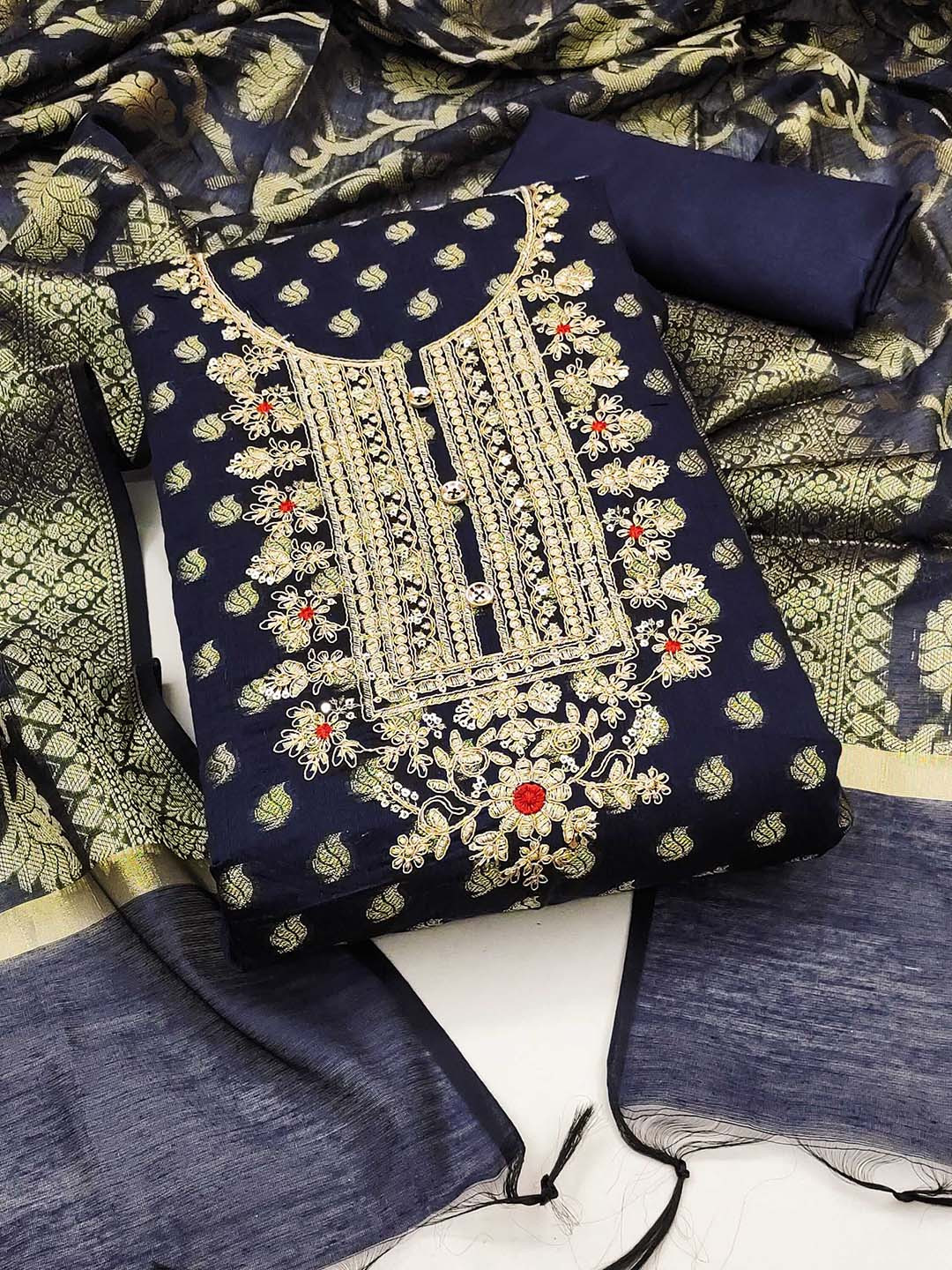 

Ishin Ethnic Motifs Woven Design Navy Blue & Gold-Toned Unstitched Dress Material