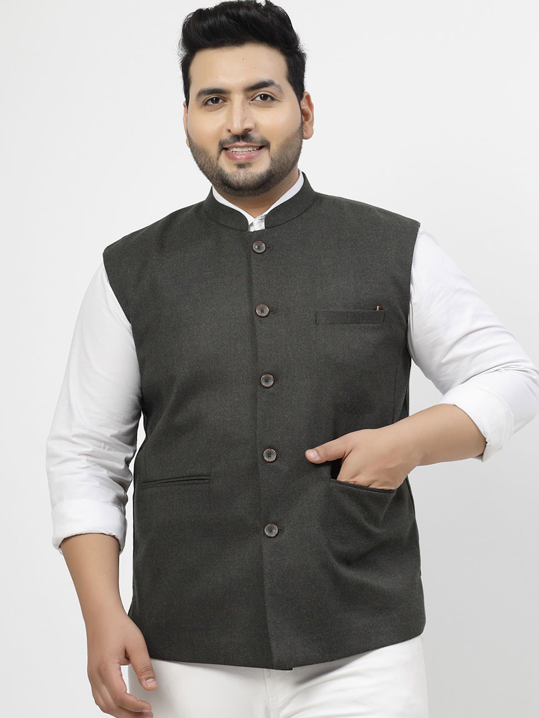 

plusS Mandarin Collar Woven Nehru Jacket, Black