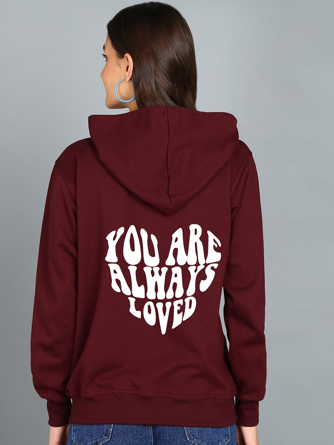 

FALTU.CO Women Typography Printed Zip Detail Hooded Sweatshirt, Maroon