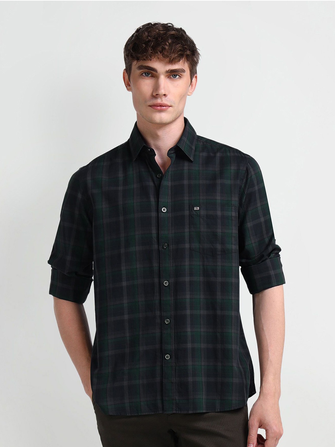 

Arrow Sport Men Classic Spread Collar Tartan Checked Cotton Casual Shirt, Green