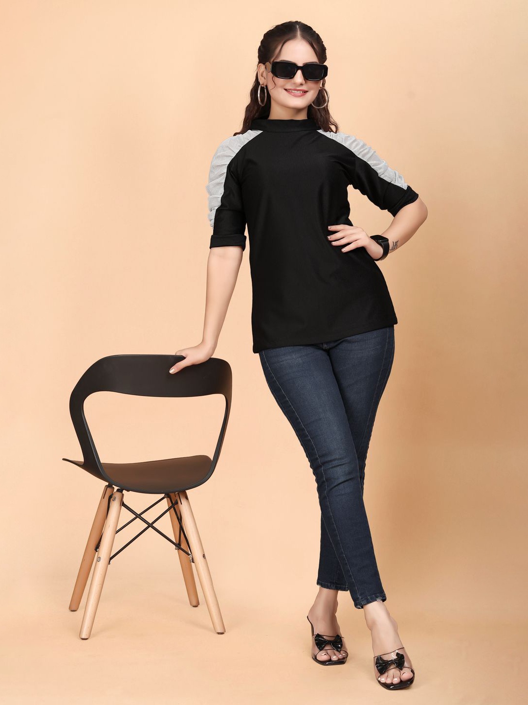 

ANJAVI FASHION Women Solid Round Neck Top, Black
