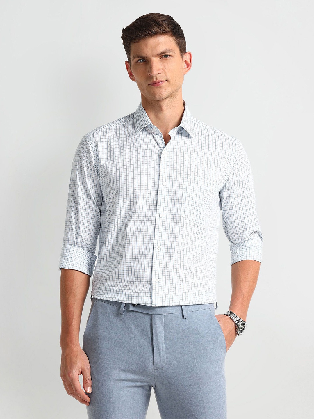 

Arrow Men Modern Spread Collar Micro Checked Cotton Slim Fit Formal Shirt, White