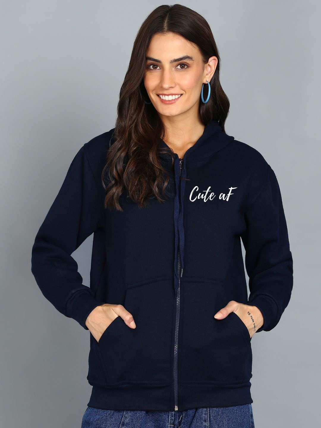 

FALTU.CO Women Typography Printed Hooded Ribbed Cotton Sweatshirt, Navy blue