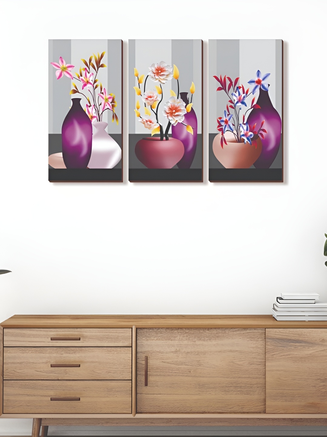 

CVANU 3Pcs Pink & Purple Floral Printed Wooden Wall Paintings