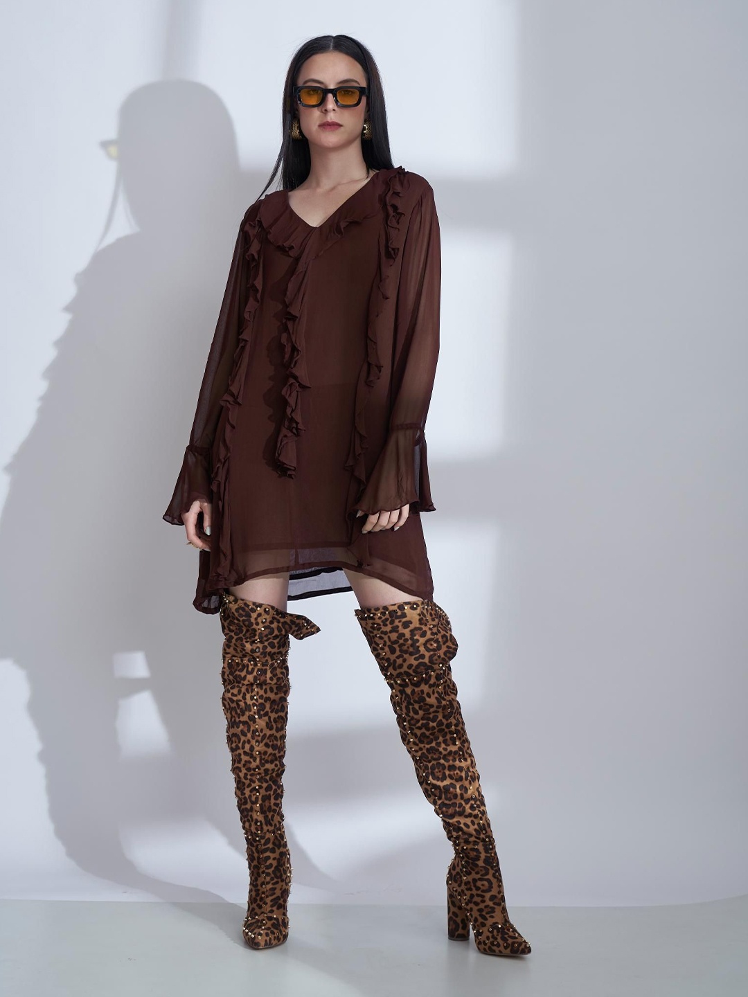 

The Samoa Fit & Flare Brown Short Ruffle Dress