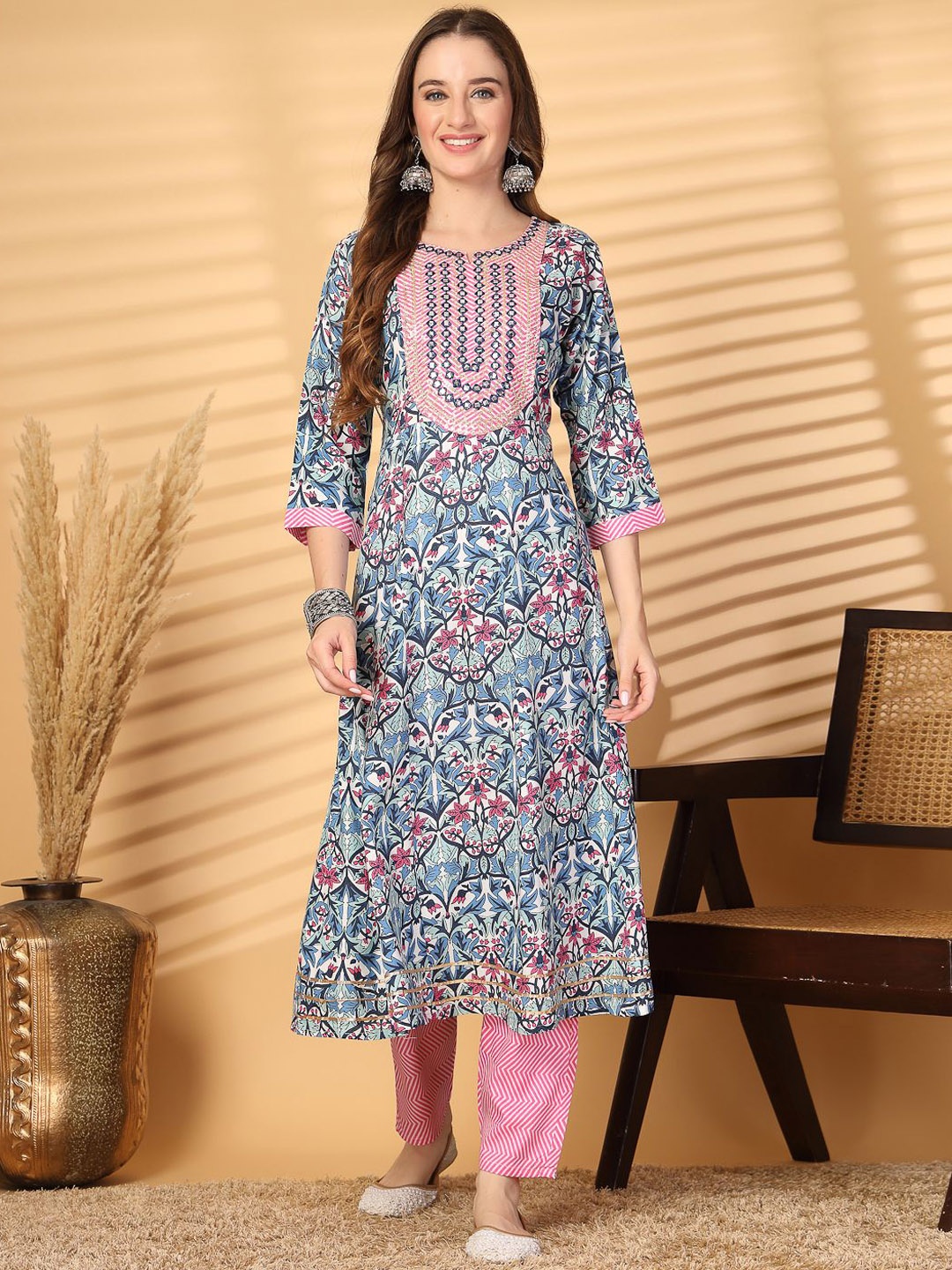 

Piludi Floral Printed Mirror Work A-Line Kurta with Trousers & Dupatta, Pink