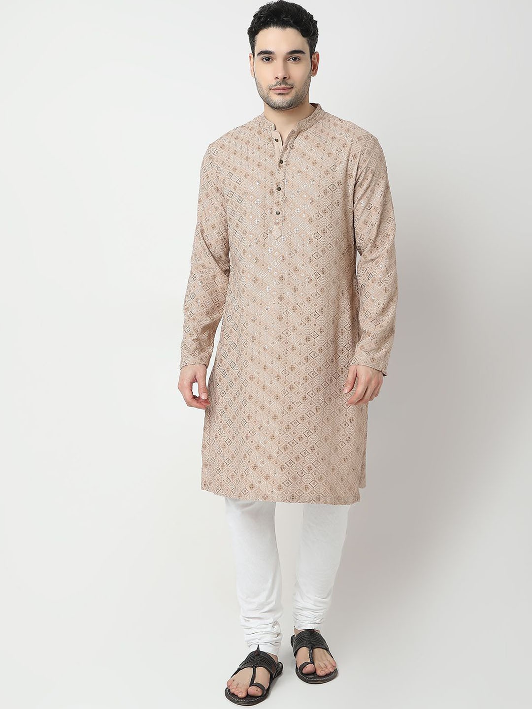 

Ethnicity Geometric Embroidered Mandarin Collar Straight Kurta, Beige