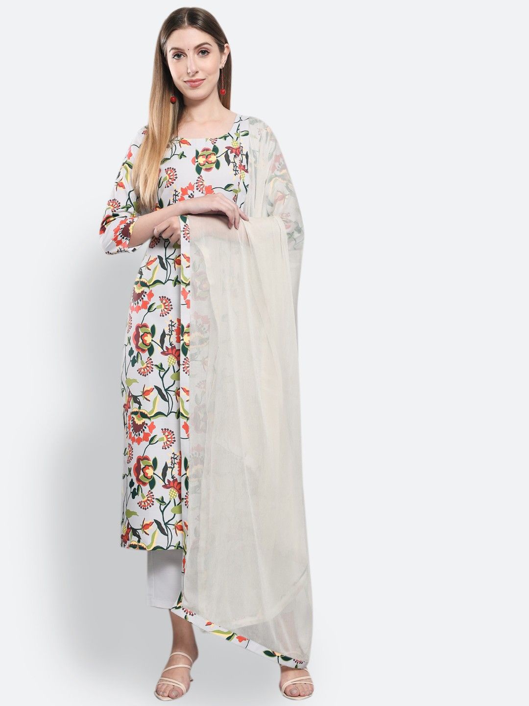 

GoSriKi Floral Printed Round Neck Straight Kurta With Trousers & Dupatta, Silver