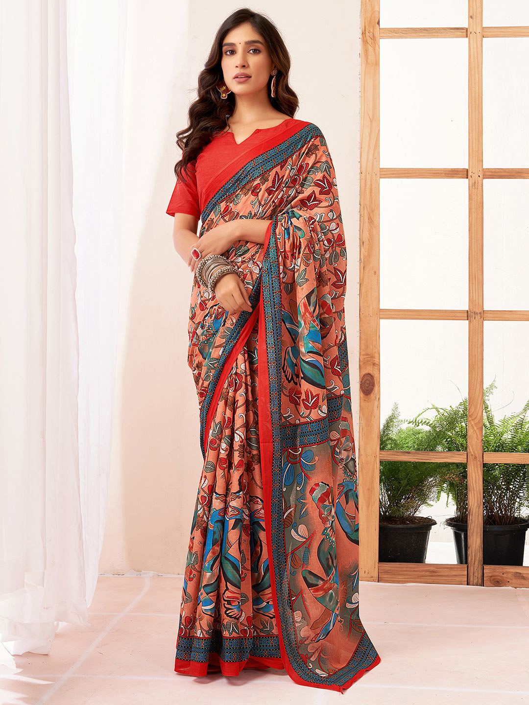 

all about you Kalamkari Pure Cotton Saree, Peach
