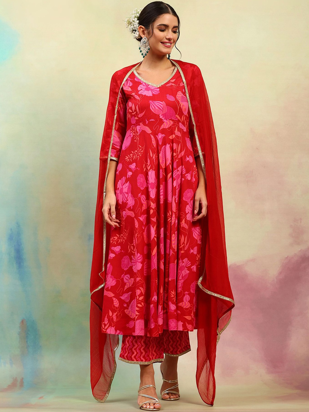 

Khushal K Floral Printed Gotta Patti Anarkali Kurta with Palazzos & Dupatta, Red