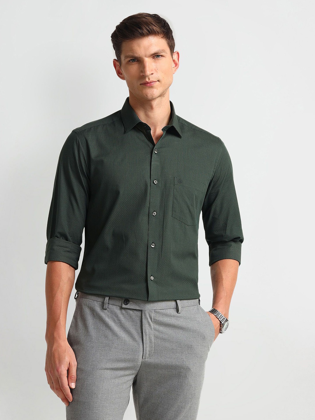 

Arrow Men Modern Spread Collar Solid Cotton Slim Fit Formal Shirt, Green