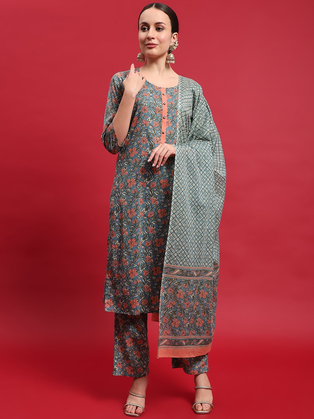 

Shree Floral Printed Pure Cotton Straight Kurta with Trousers & Dupatta, Green