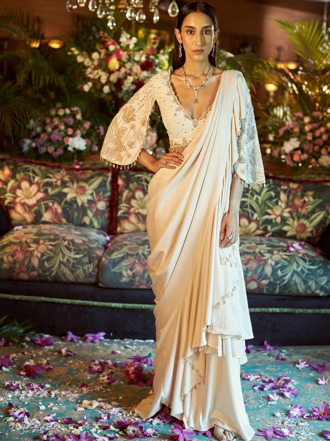 

Shreeka Beaded With Embroidered Drape Saree Set, Cream