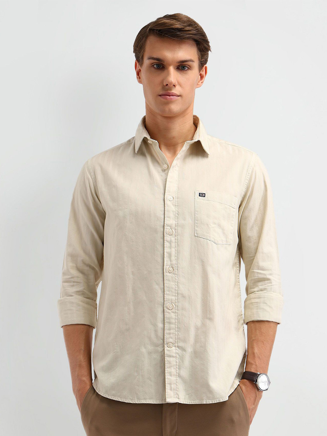 

Arrow Sport Men Modern Spread Collar Vertical Striped Cotton Slim Fit Casual Shirt, Green