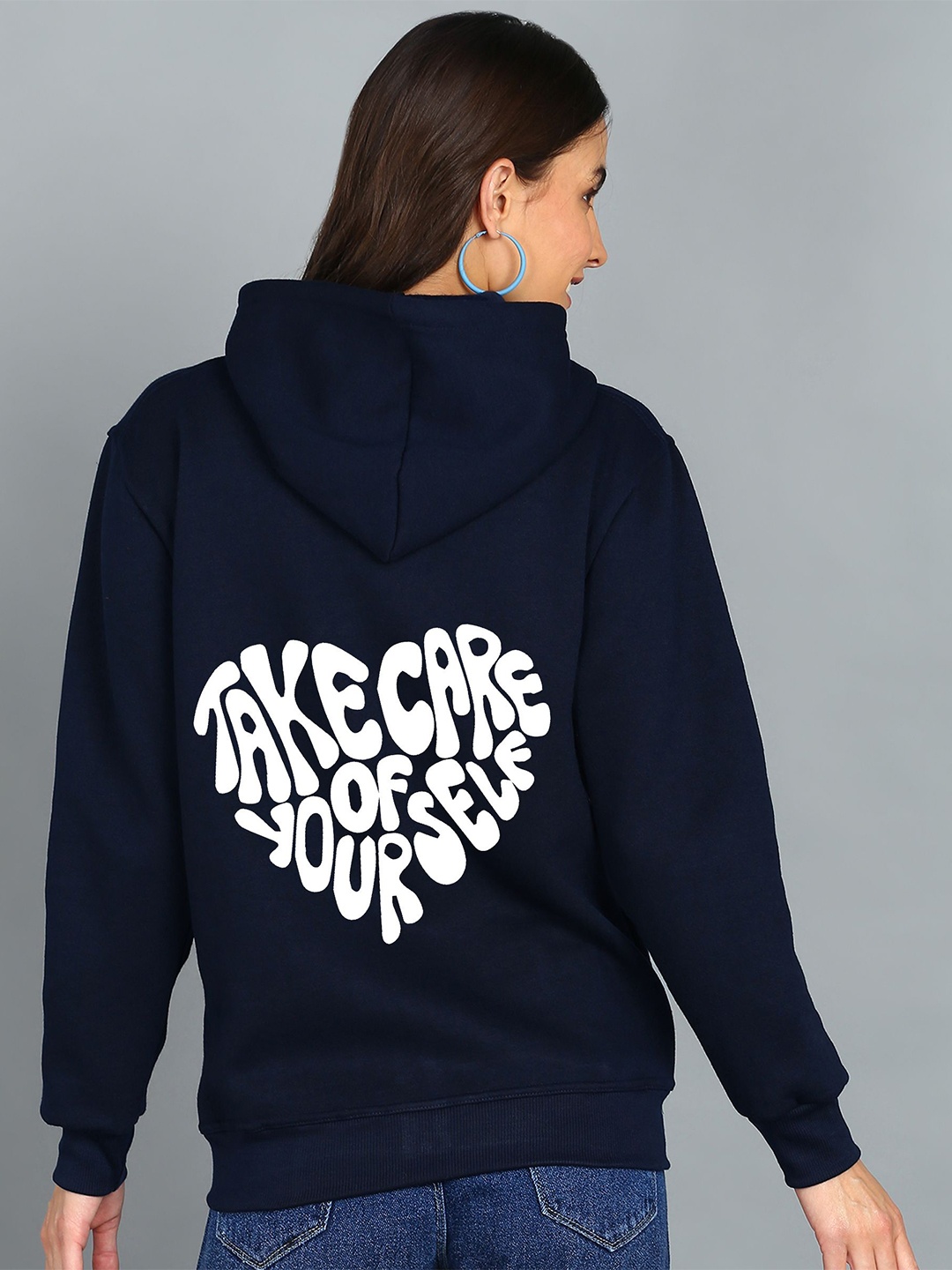 

FALTU.CO Women Printed Zip Detail Hooded Cotton Sweatshirt, Navy blue