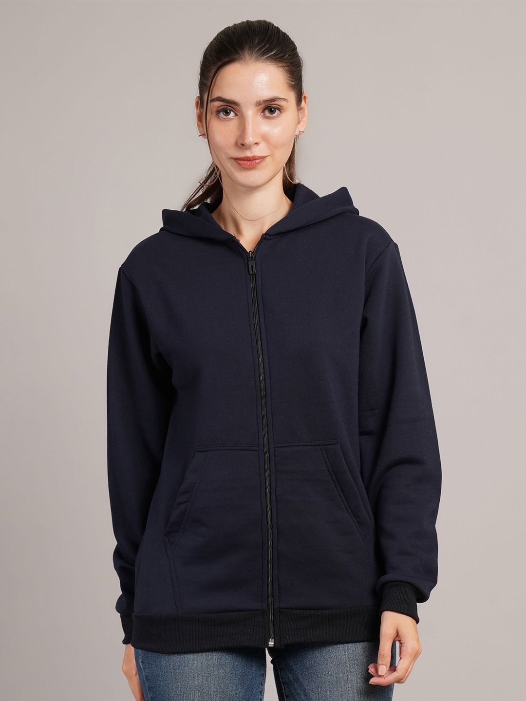 

Kushi Flyer Women Solid Hooded Ribbed Sweatshirt, Navy blue