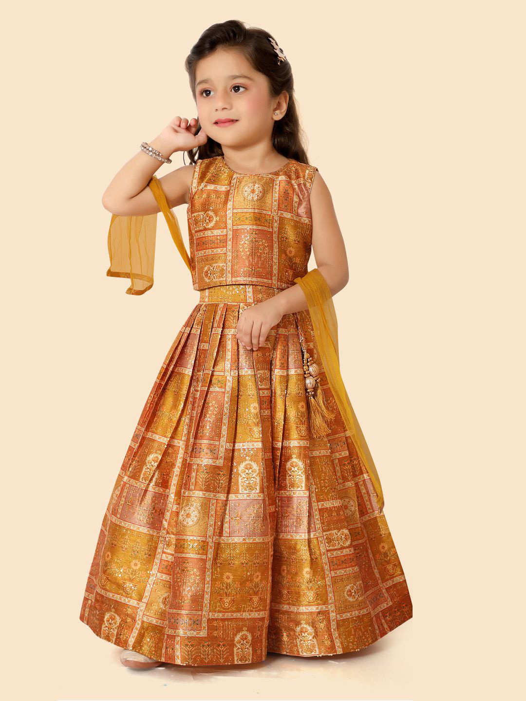 

Ethniks Neu-Ron Girls Printed Chanderi Silk Ready to Wear Lehenga & Blouse With Dupatta, Mustard