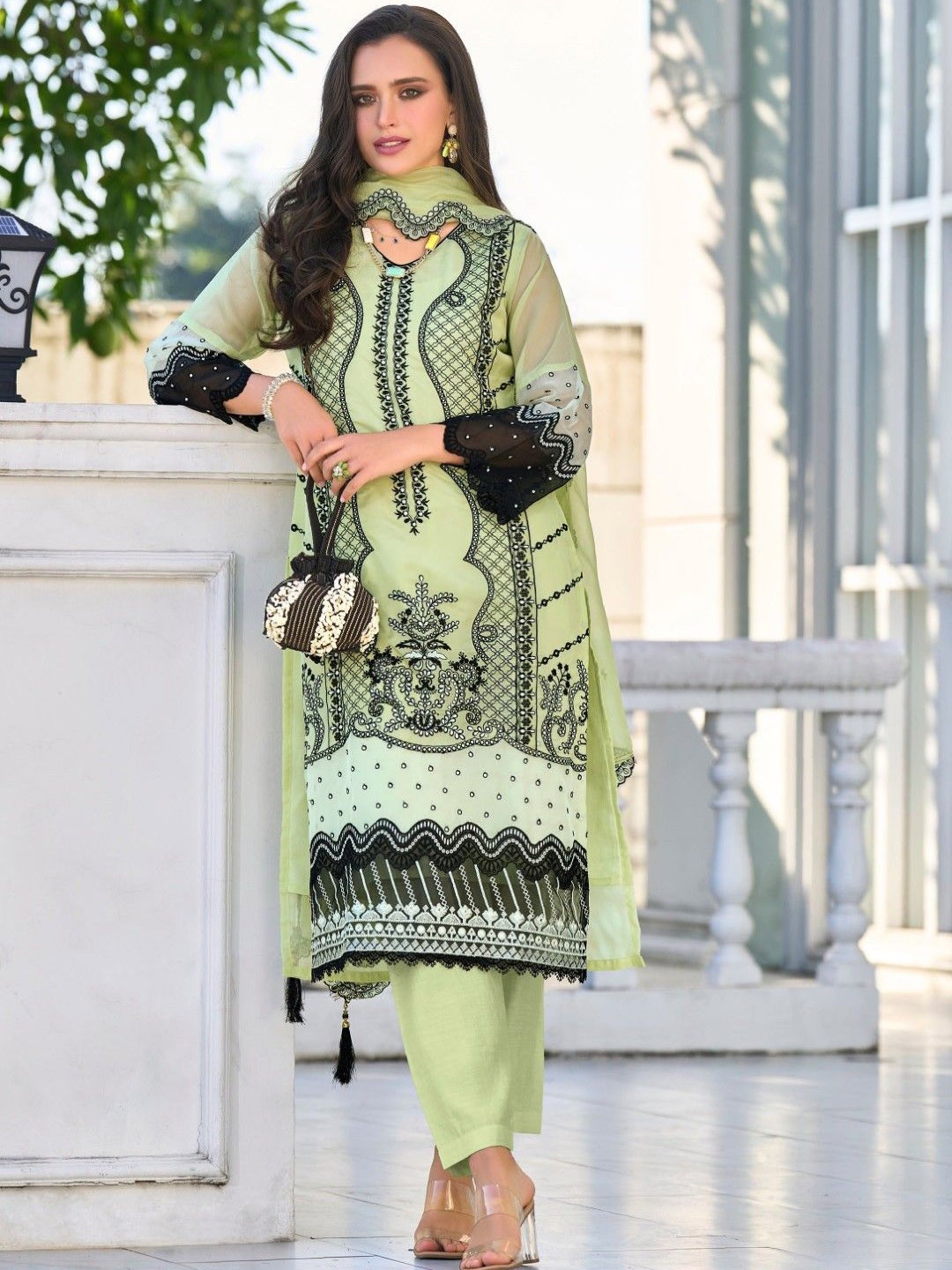 

AUTUMN LANE Embroidered V- Neck Pure Cotton Straight Kurta With Trouser & Dupatta, Green