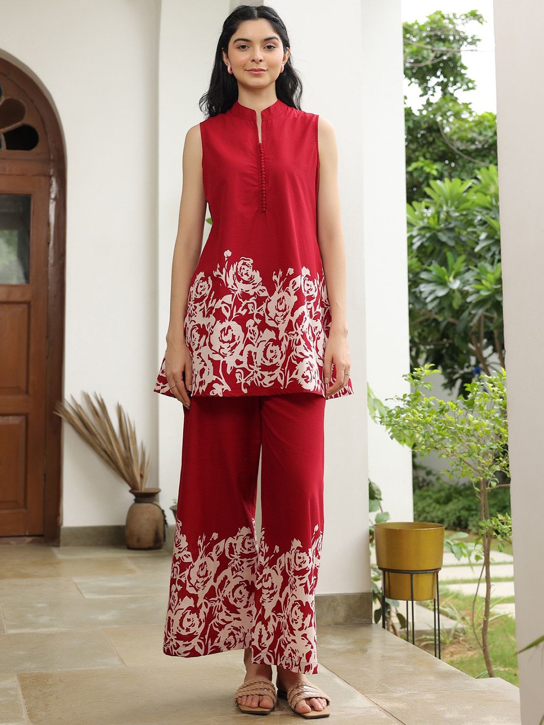 

JISORA Printed Pure Cotton Tunic With Trousers, Red