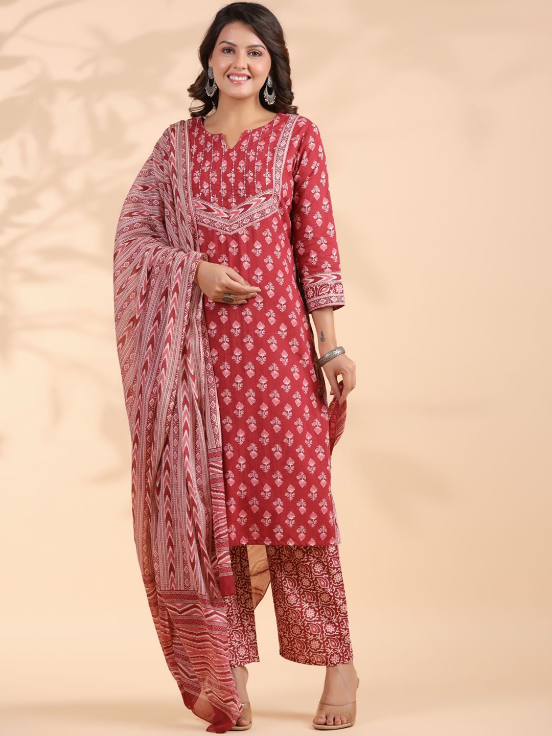 

Vbuyz Floral Printed Regular Sequinned Pure Cotton Kurta With Trousers & Dupatta, Maroon