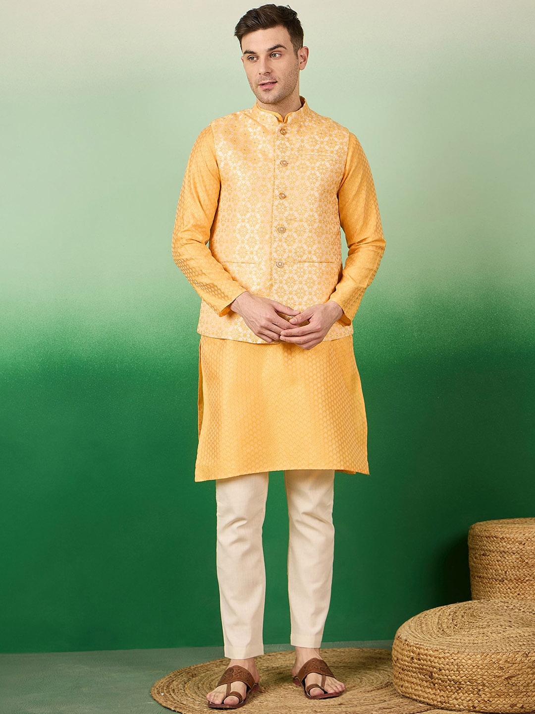 

Sangria Woven Design Zari Straight Kurta With Pyjama & Nehru Jacket, Yellow