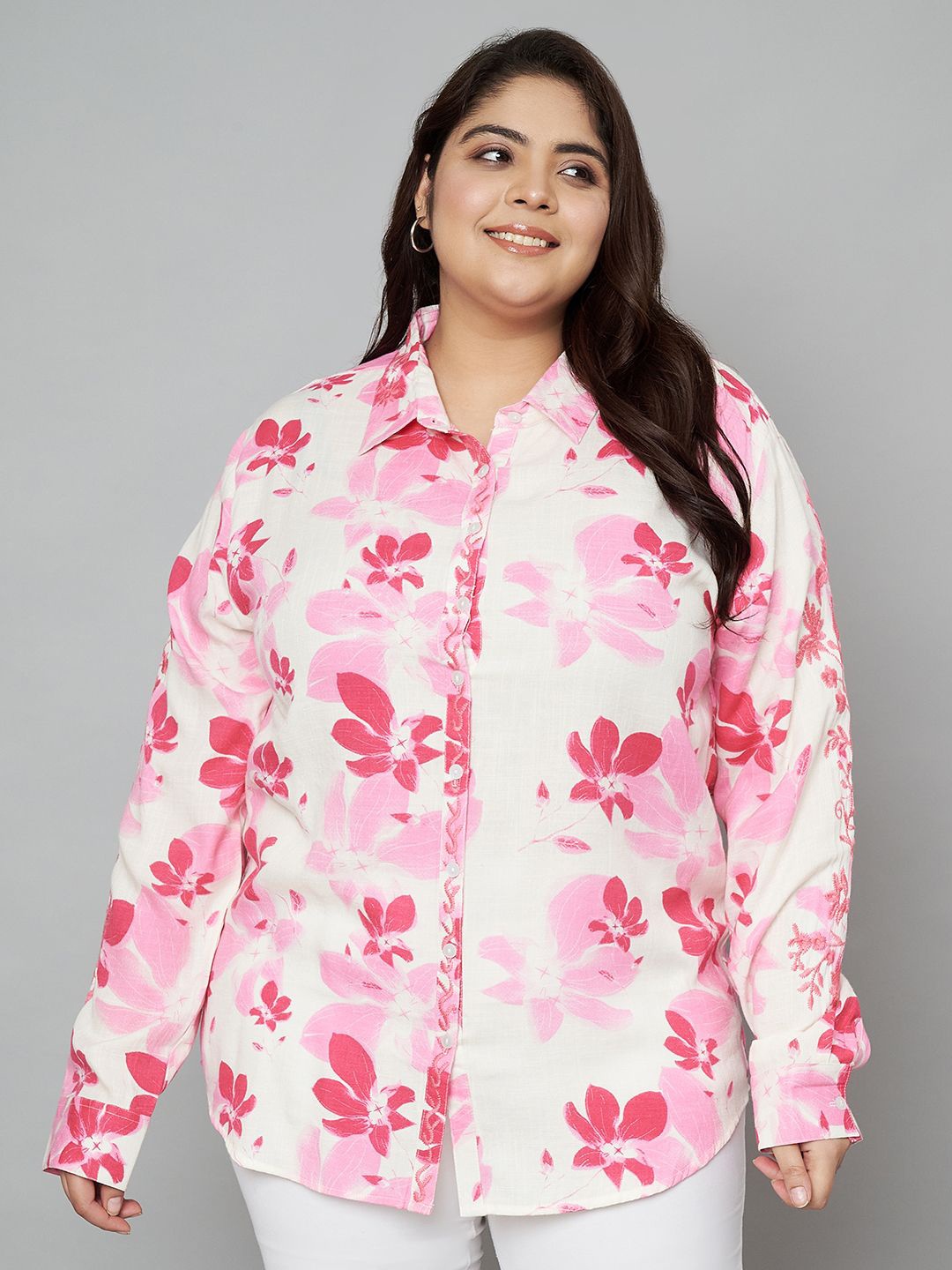 

VELDRESS Women Spread Collar Floral Printed Crepe Plus Size Casual Shirt, Pink